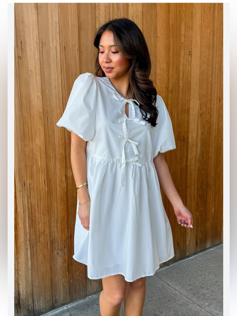 Joie white cotton poplin babydoll dress puff sleeves front tie bows size SM mini